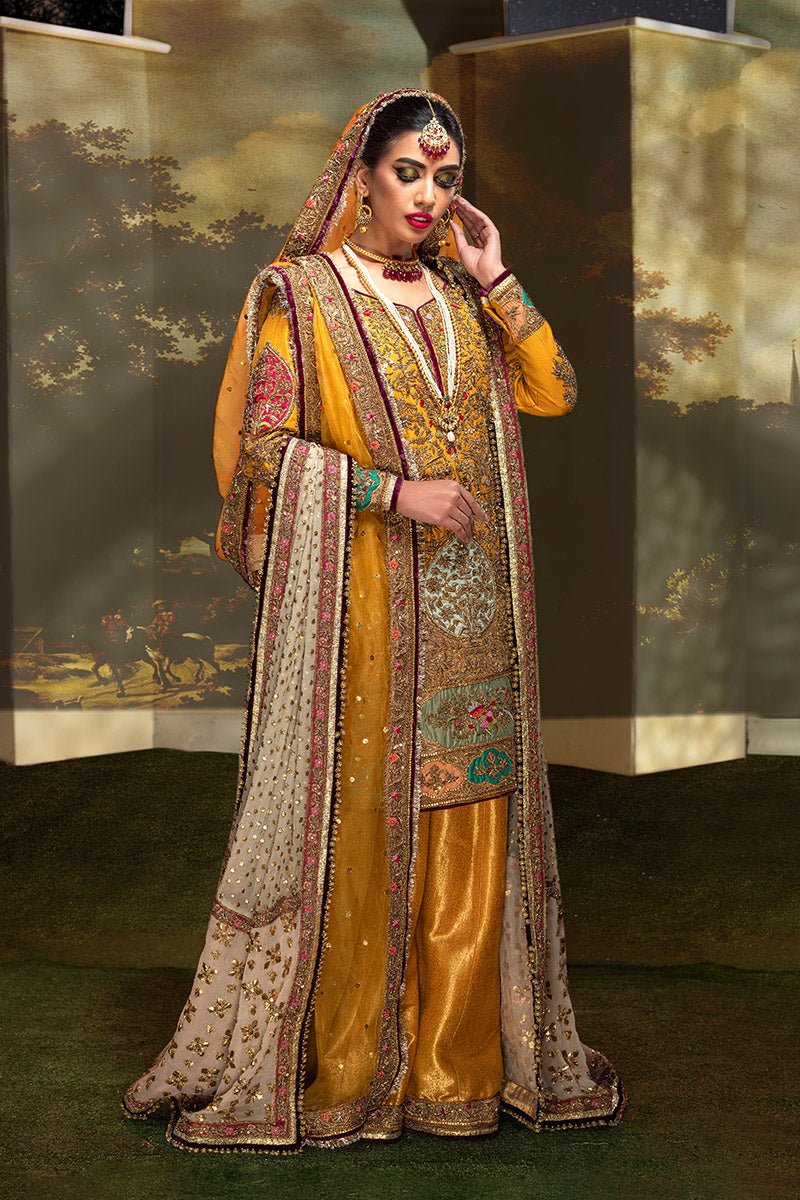 Pakistani Mustard Zardozi Resham Jamawar Sharara (3-Piece) - Image 5