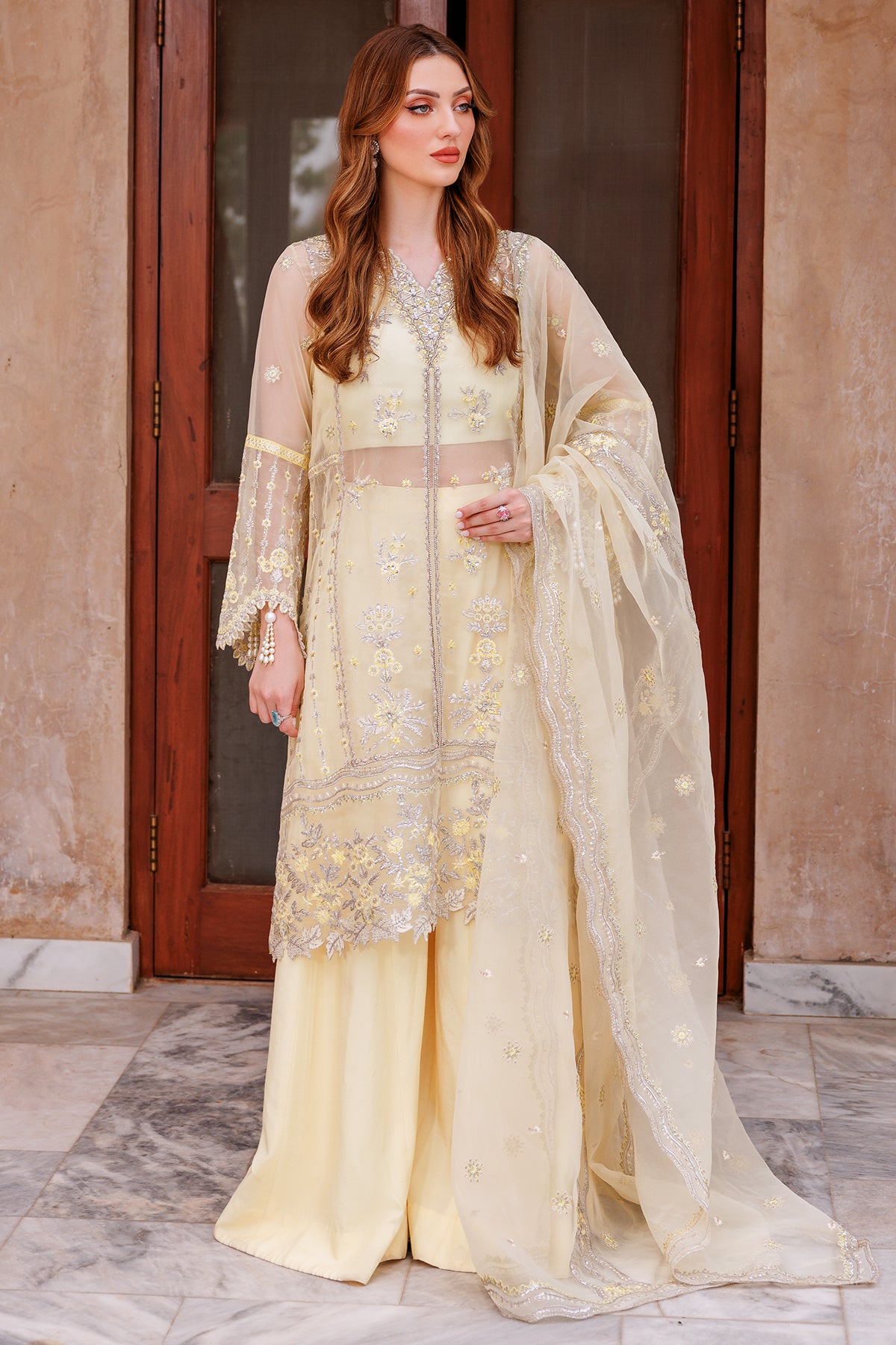 Lemon Embroidered Kataan Silk & Organza Sharara (3-Piece) - Image 1