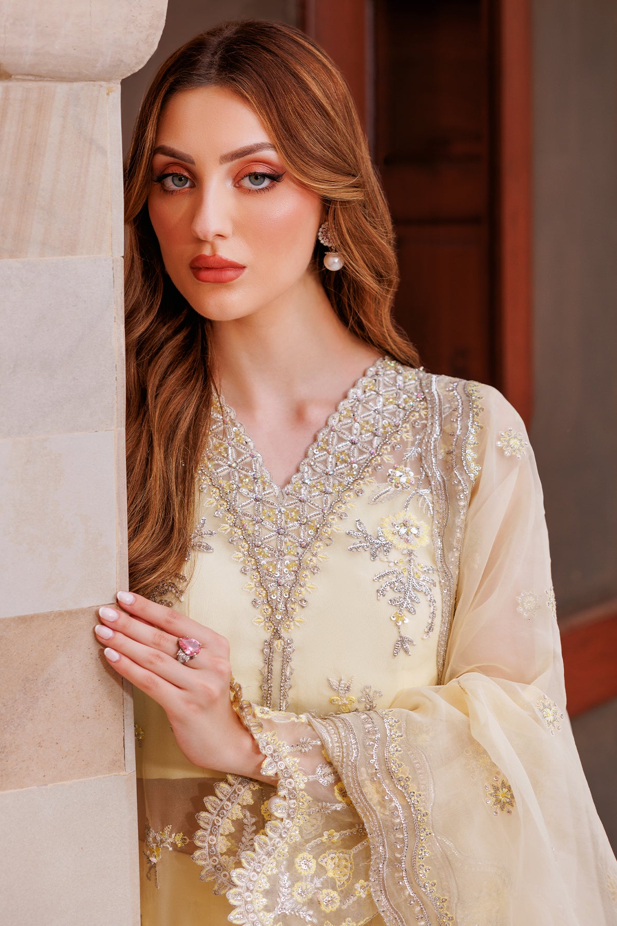 Lemon Embroidered Kataan Silk & Organza Sharara (3-Piece) - Image 2