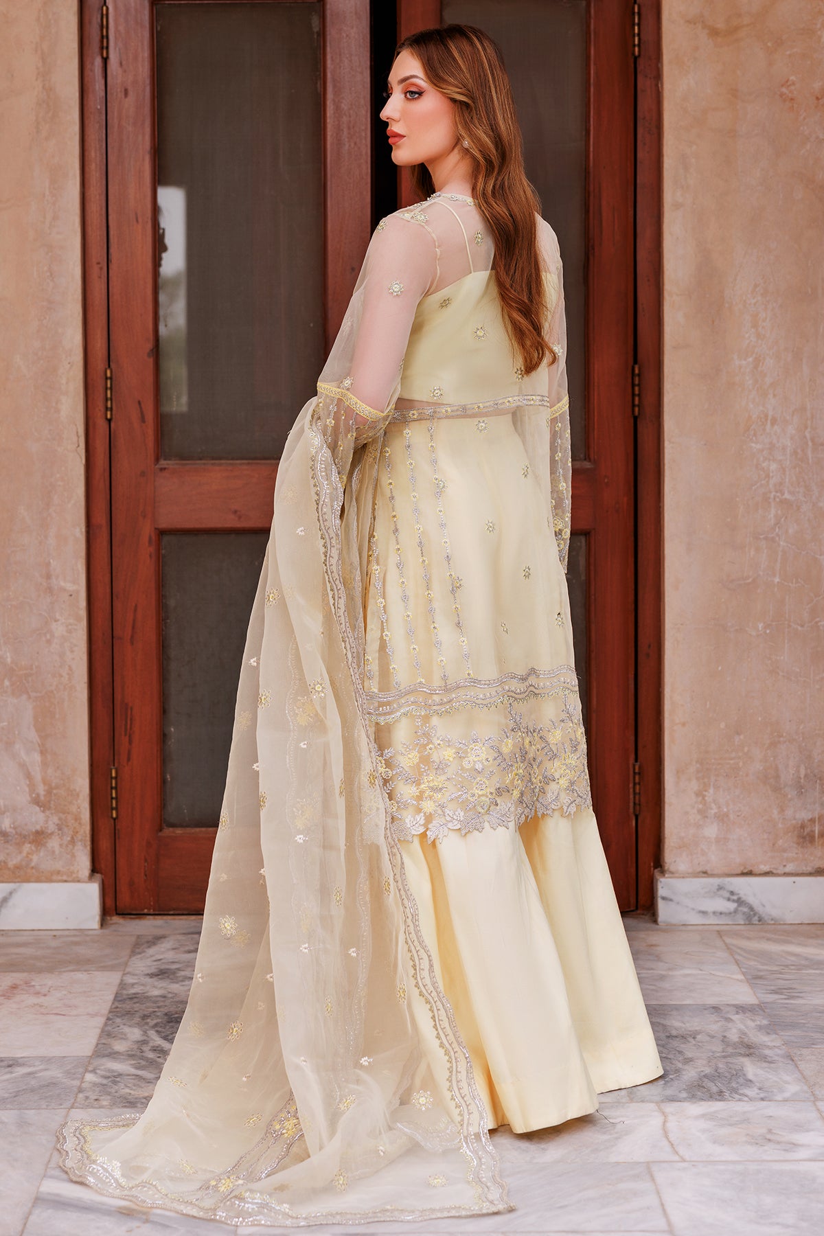 Lemon Embroidered Kataan Silk & Organza Sharara (3-Piece) - Image 3