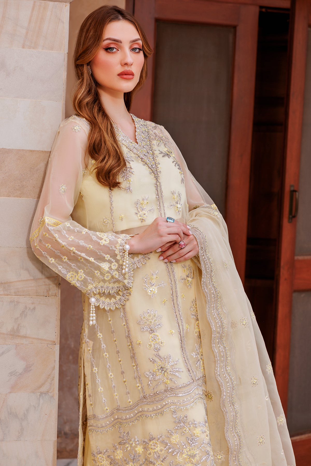 Lemon Embroidered Kataan Silk & Organza Sharara (3-Piece) - Image 5