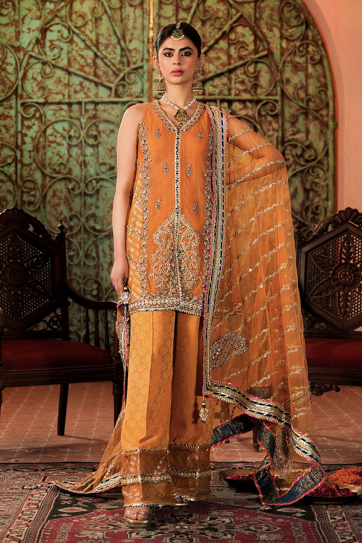 Pakistani Mustard Yellow Embroidered Net Sharara Set (3-Piece) - Image 1