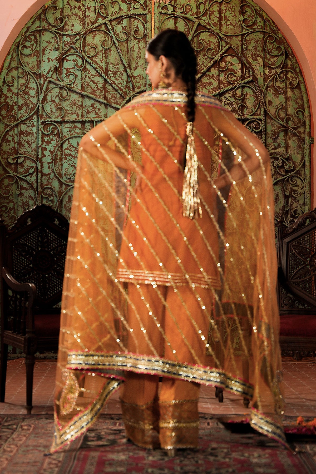 Pakistani Mustard Yellow Embroidered Net Sharara Set (3-Piece) - Image 2