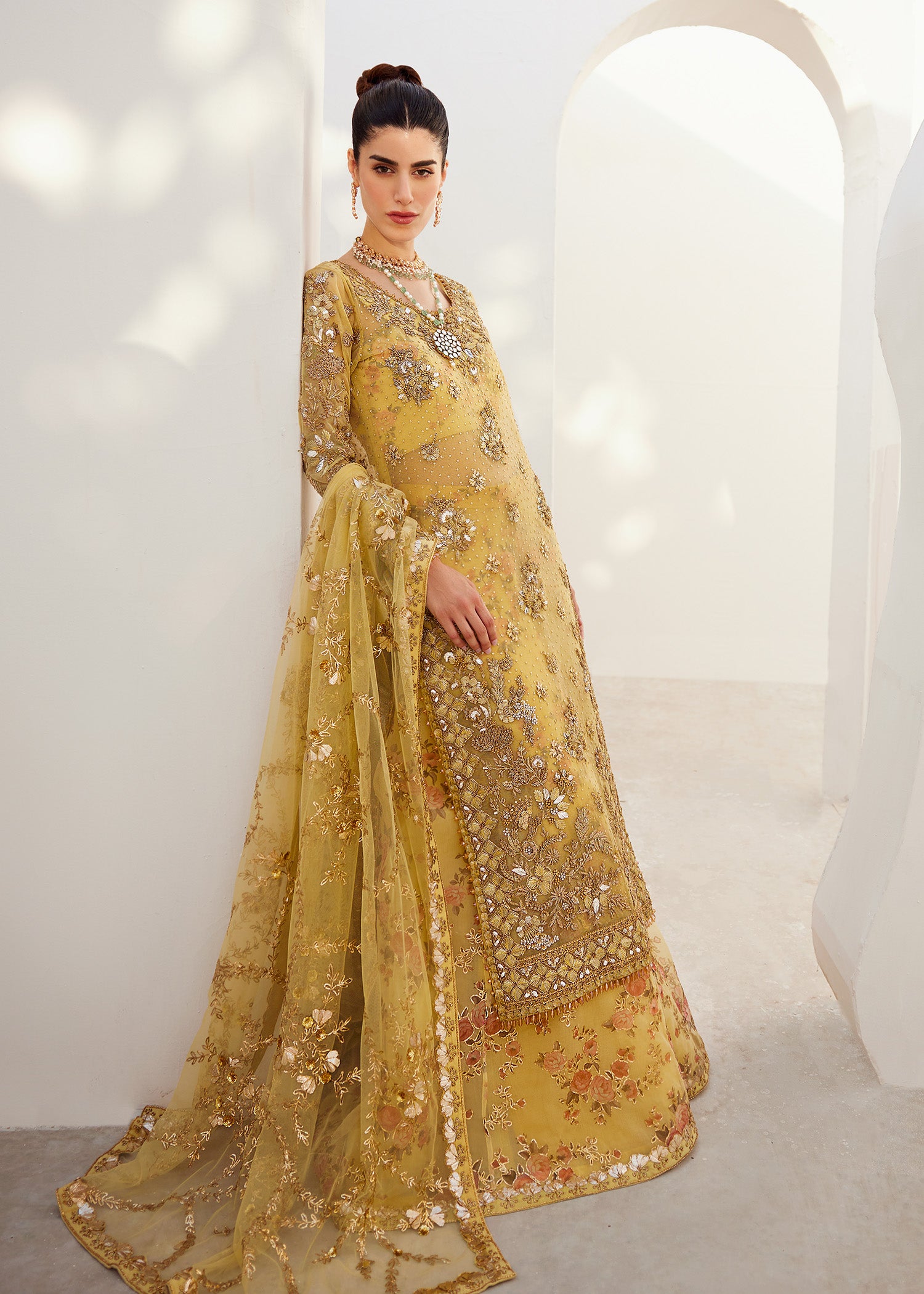 Indian Yellow Embroidered Net & Organza Sharara (3-Piece) - Image 5