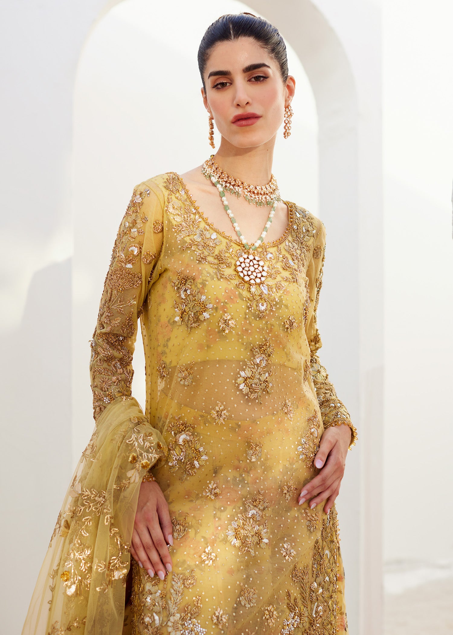 Indian Yellow Embroidered Net & Organza Sharara (3-Piece) - Image 6