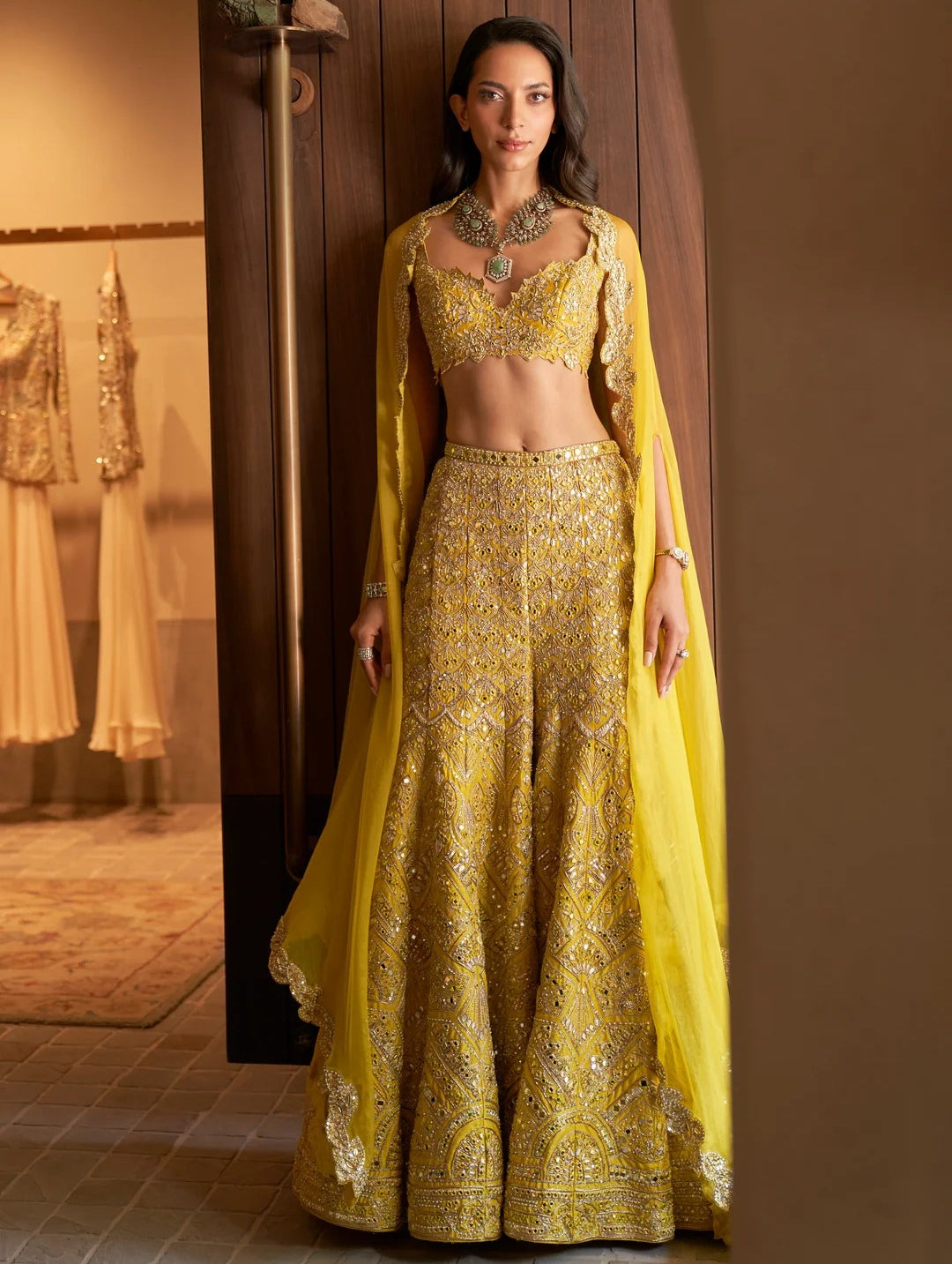 Indian Yellow Embellished Raw Silk Sharara Cape Set (3-Piece) - Image 1