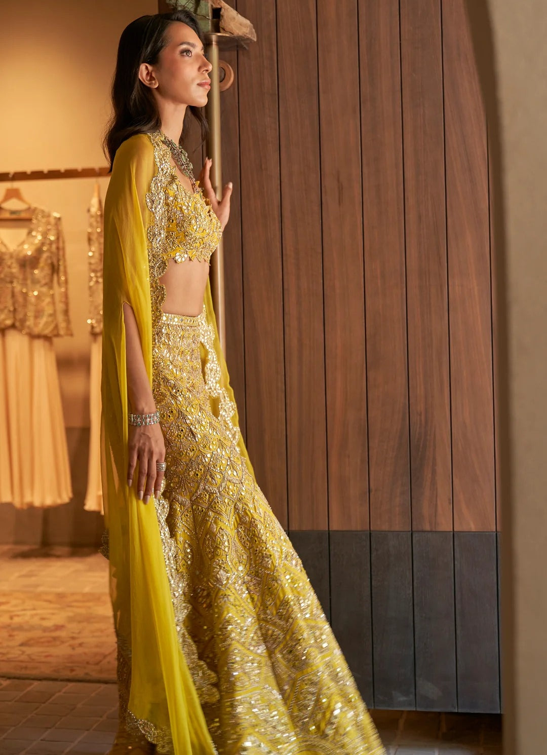 Indian Yellow Embellished Raw Silk Sharara Cape Set (3-Piece) - Image 3