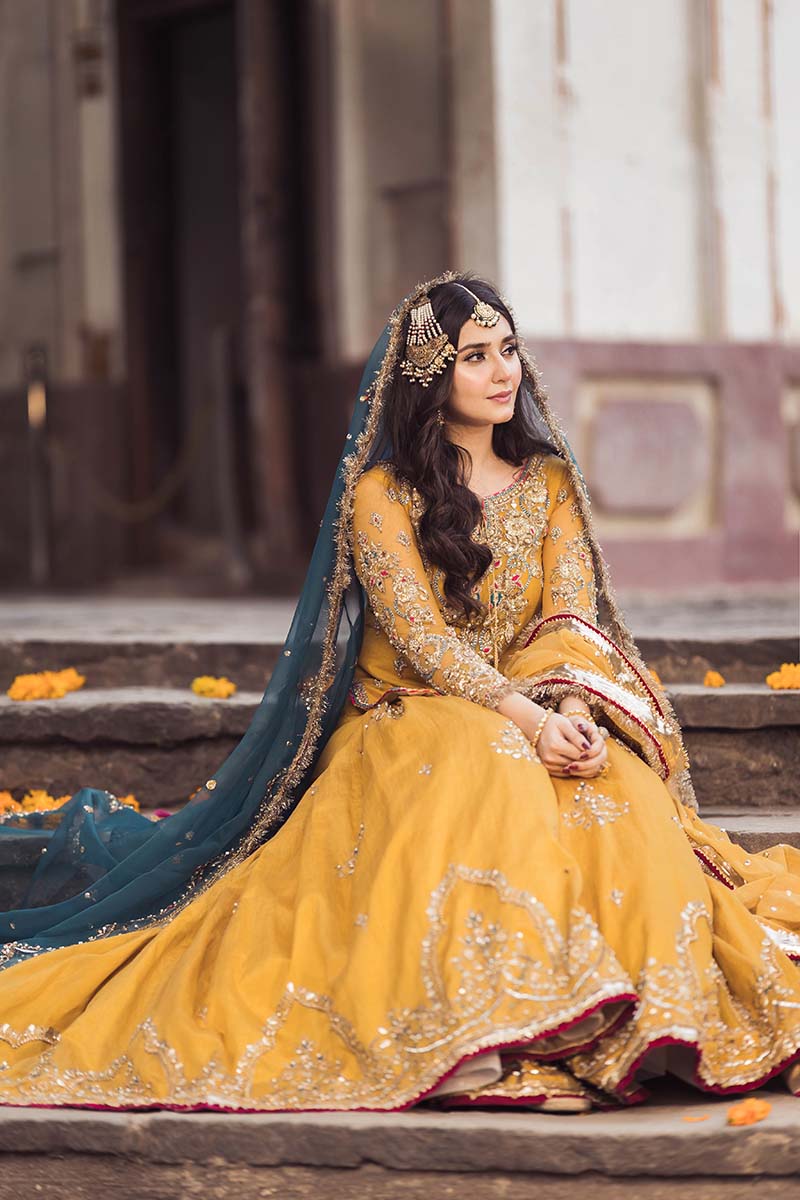 Mustard Yellow Embellished Net Bridal Sharara (3-Piece) - Image 1