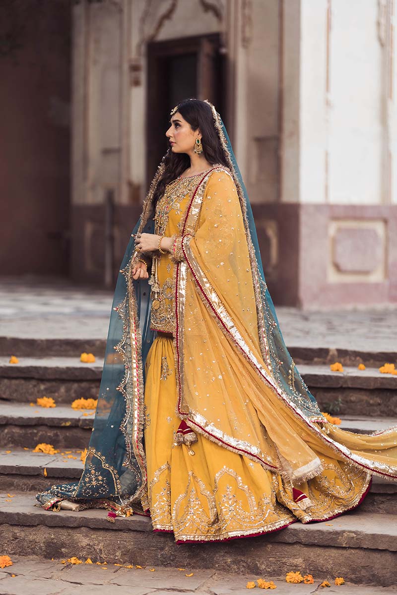 Mustard Yellow Embellished Net Bridal Sharara (3-Piece) - Image 4