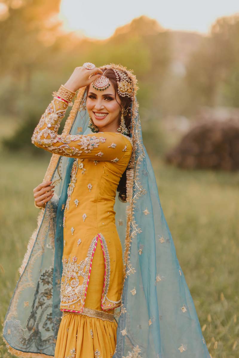 Mustard Yellow Embellished Net Bridal Sharara (3-Piece) - Image 6