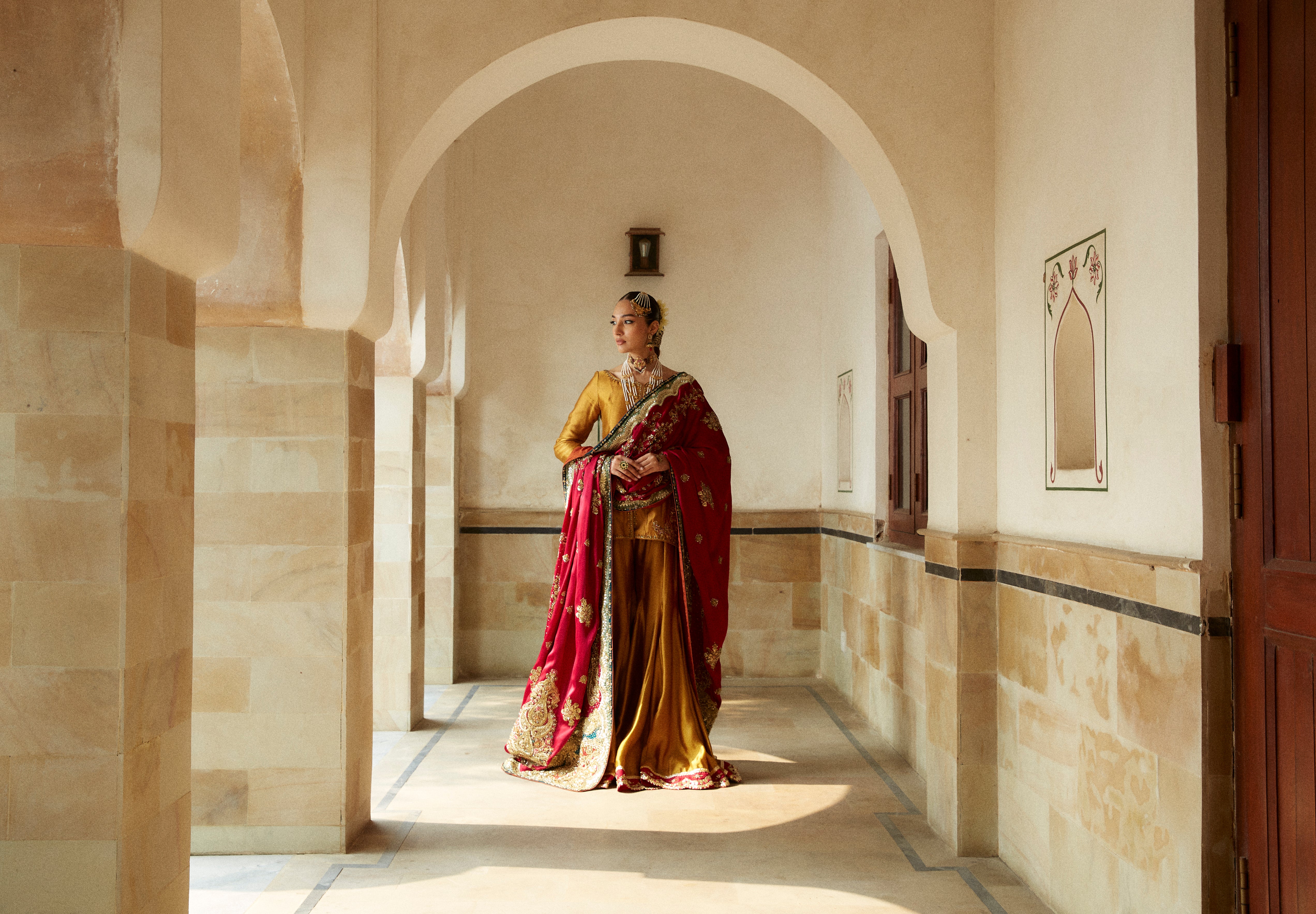 Mustard Embellished Silk Farshi Sharara (3-Piece) - Image 3