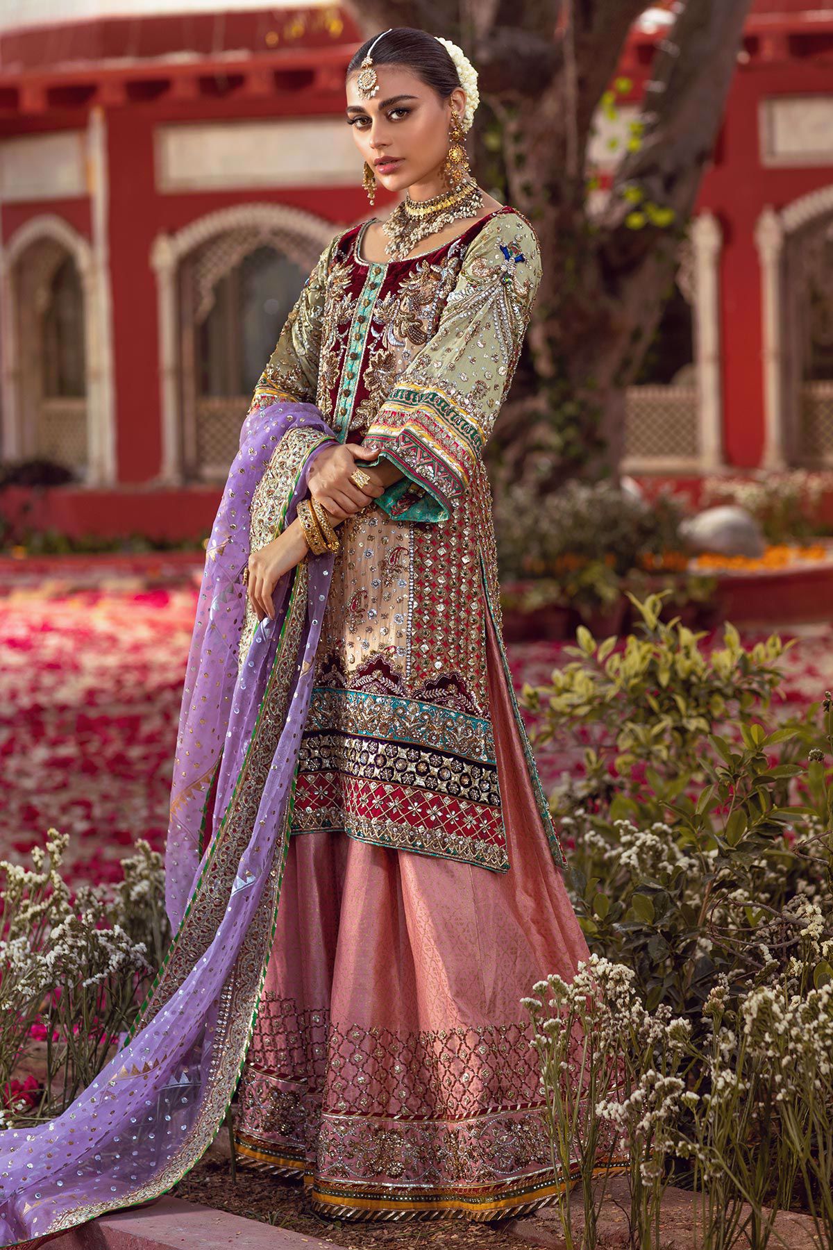 Pakistani Ochre Yellow Hand-Embroidered Velvet & Woven Sharara (3-Piece) - Image 2