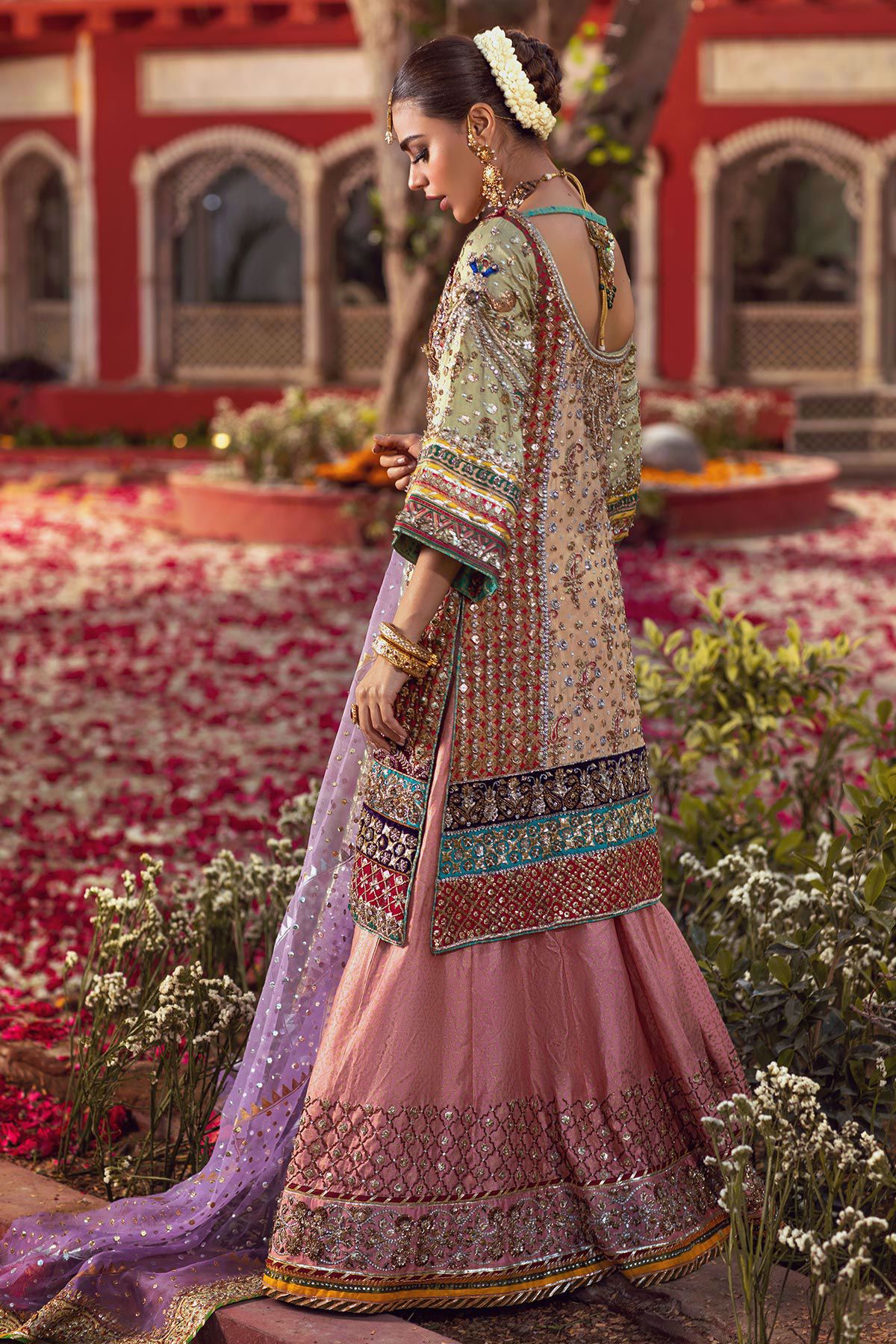 Pakistani Ochre Yellow Hand-Embroidered Velvet & Woven Sharara (3-Piece) - Image 3