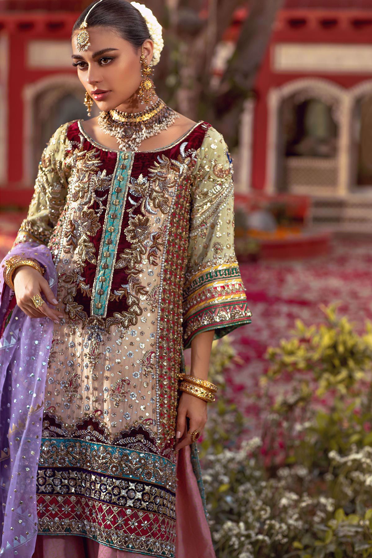 Pakistani Ochre Yellow Hand-Embroidered Velvet & Woven Sharara (3-Piece) - Image 4