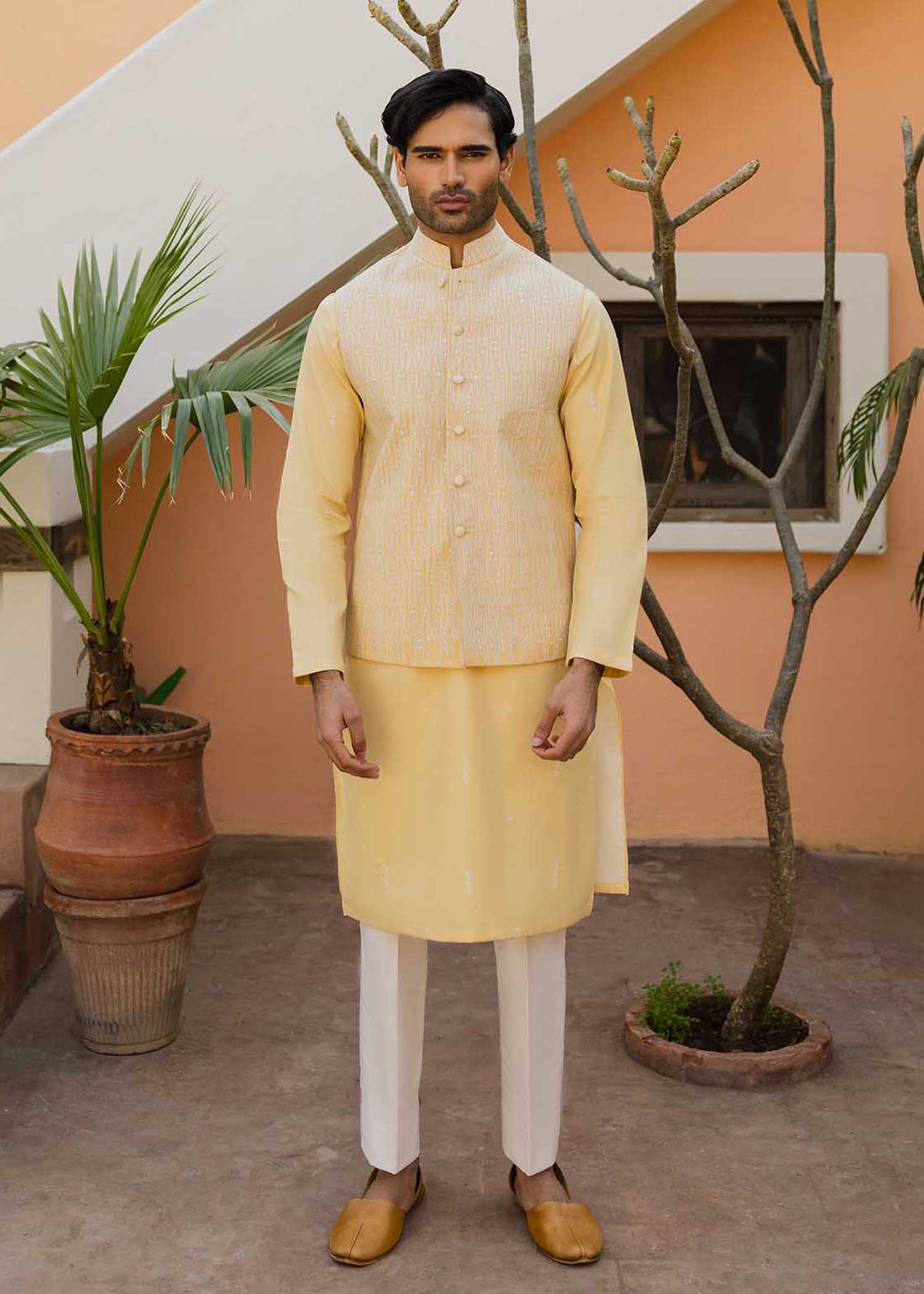 Canary Yellow Embroidered Cambric Waistcoat Kurta (3-Piece) - Image 1