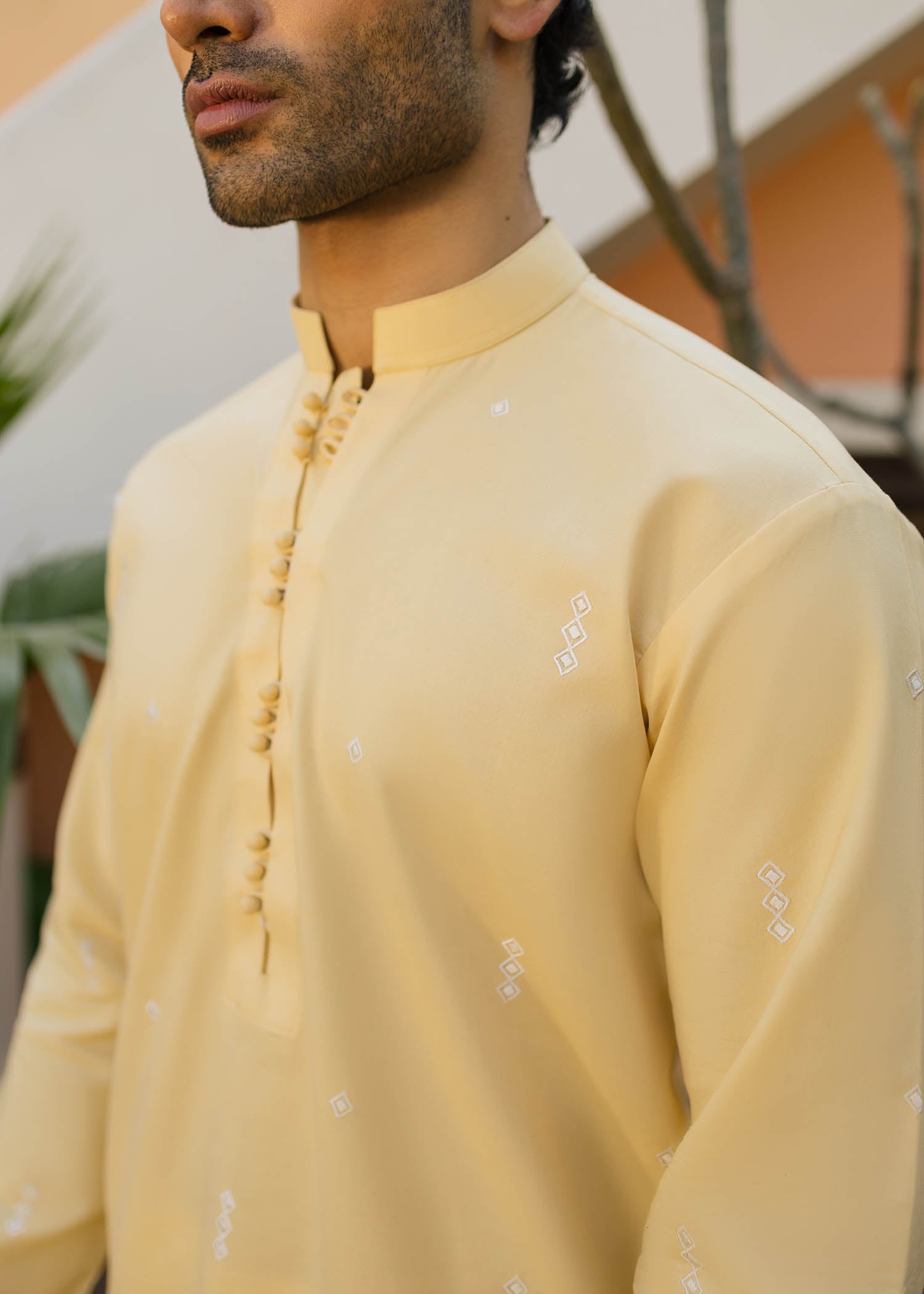 Canary Yellow Embroidered Cambric Waistcoat Kurta (3-Piece) - Image 2