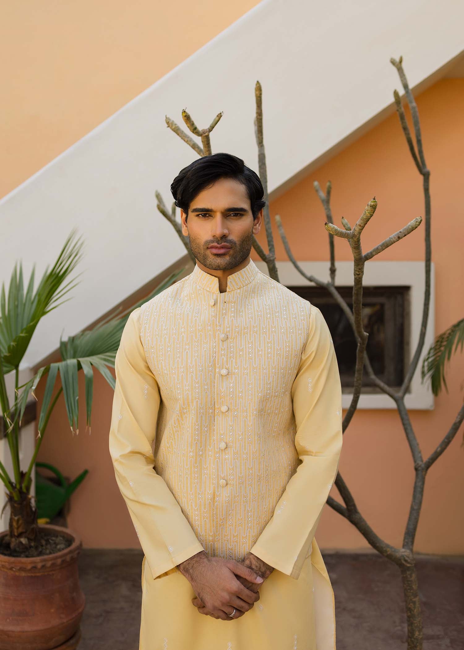 Canary Yellow Embroidered Cambric Waistcoat Kurta (3-Piece) - Image 3