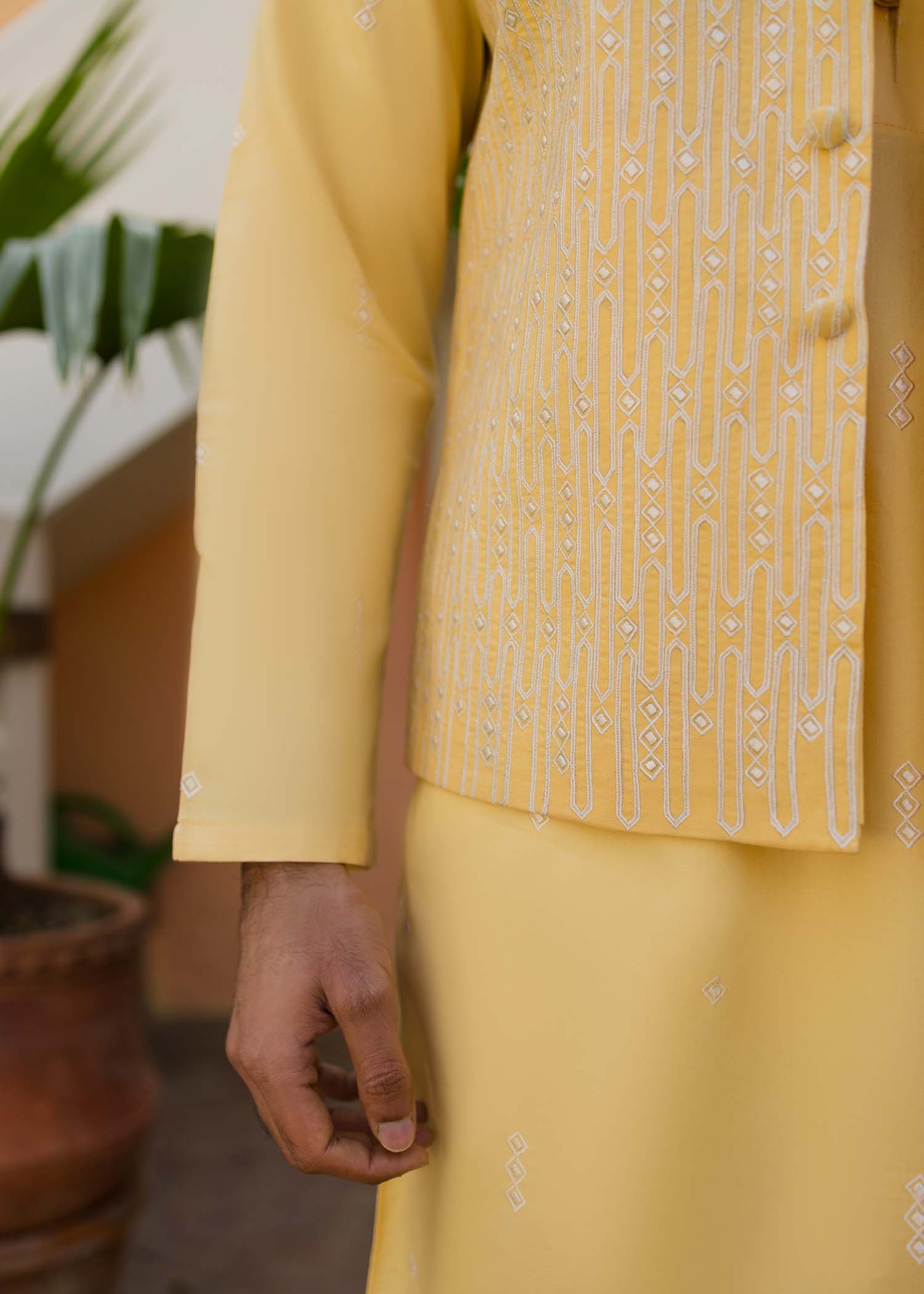 Canary Yellow Embroidered Cambric Waistcoat Kurta (3-Piece) - Image 4