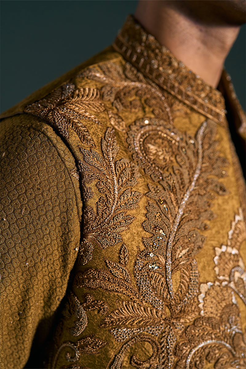 Mustard Embroidered Handloom Jacquard Waistcoat Kurta (3-Piece) - Image 1