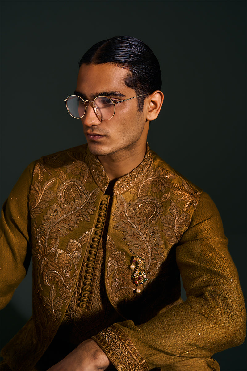 Mustard Embroidered Handloom Jacquard Waistcoat Kurta (3-Piece) - Image 3