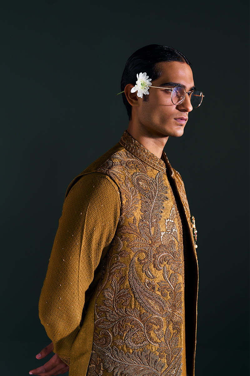 Mustard Embroidered Handloom Jacquard Waistcoat Kurta (3-Piece) - Image 4