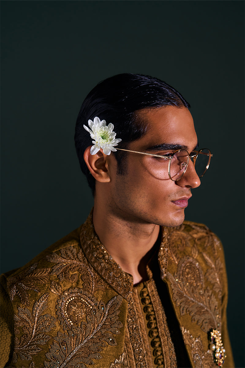 Mustard Embroidered Handloom Jacquard Waistcoat Kurta (3-Piece) - Image 6