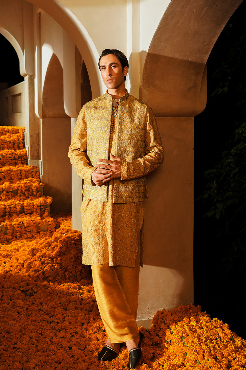 Mustard Tilla Sequin Jacquard Waistcoat Kurta (3-Piece) - Image 1