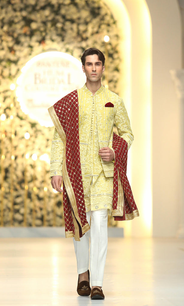 Yellow Embroidered Silk-Blend Waistcoat Kurta Set (3-Piece) - Image 1