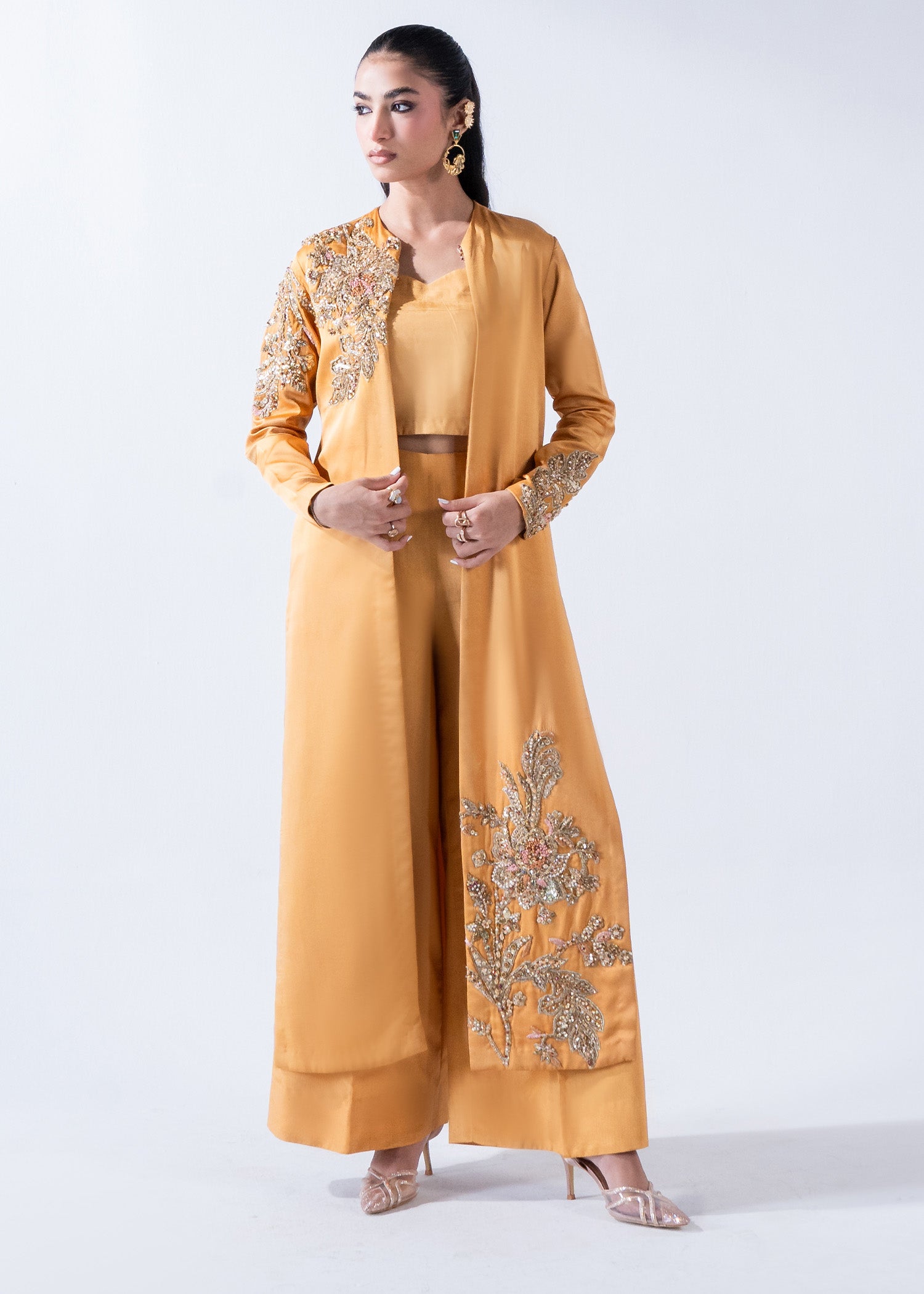 Pakistani Mustard Embellished Pure Silk Cape Dress (3-Piece) - Image 1