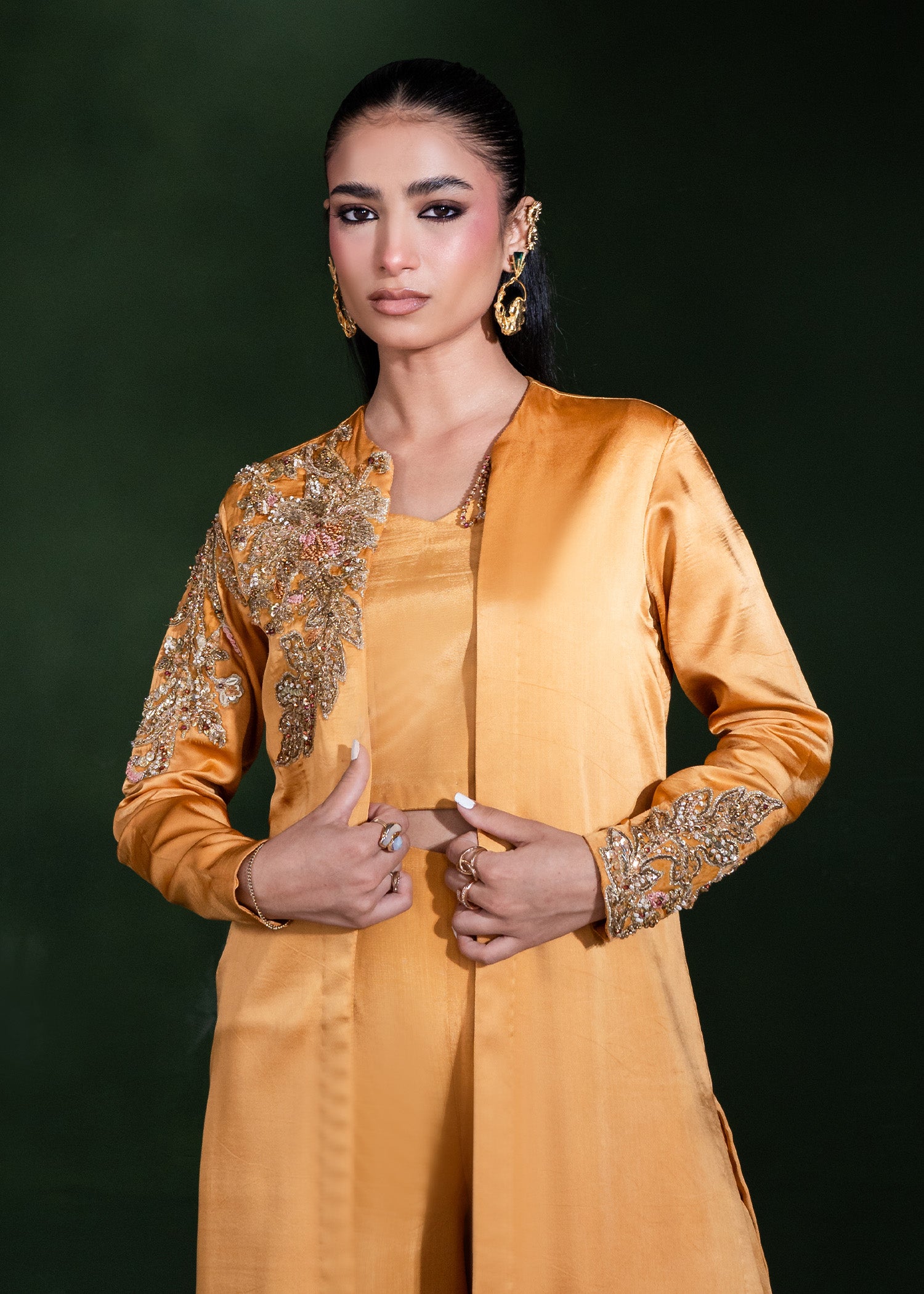 Pakistani Mustard Embellished Pure Silk Cape Dress (3-Piece) - Image 2