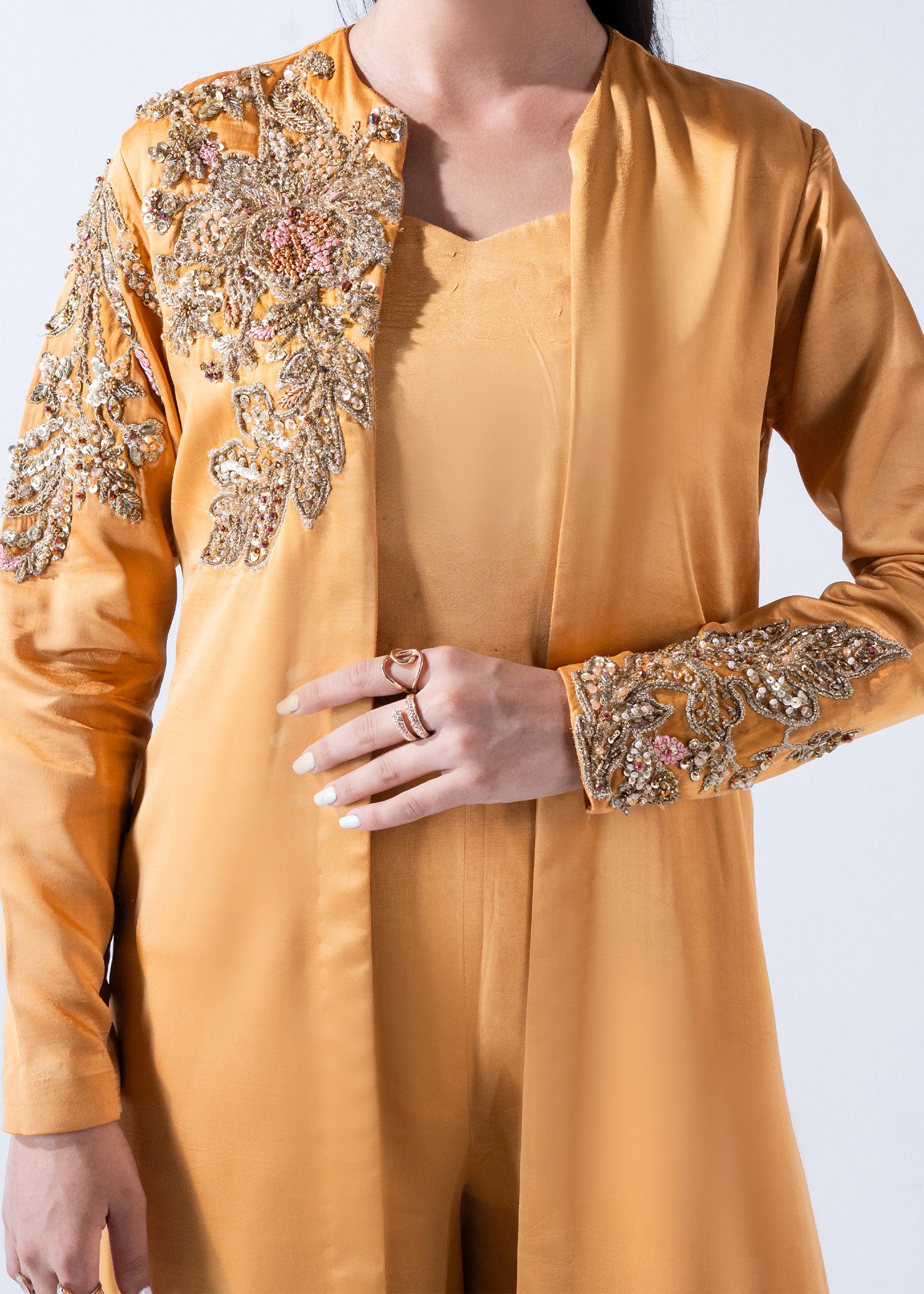 Pakistani Mustard Embellished Pure Silk Cape Dress (3-Piece) - Image 3