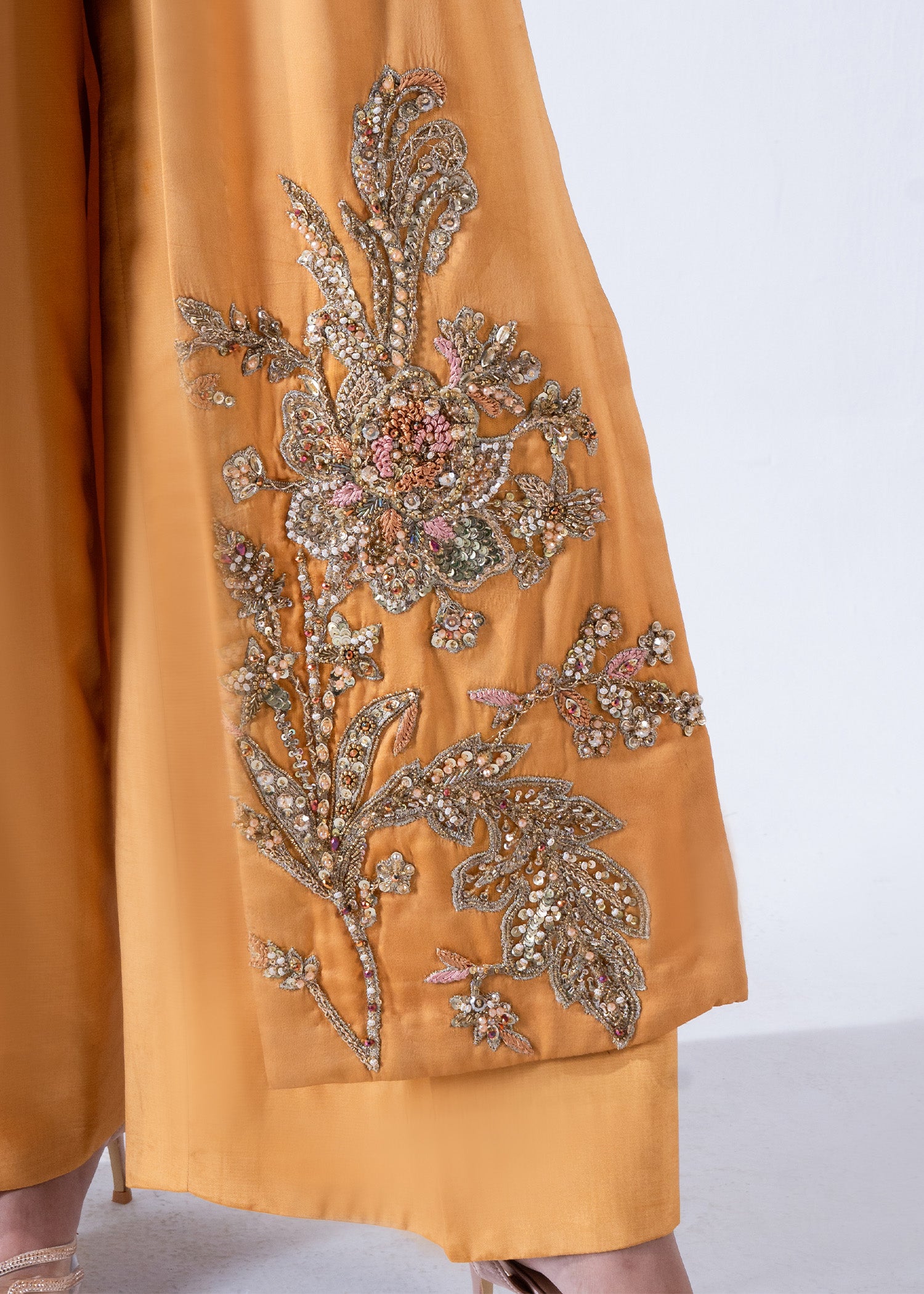 Pakistani Mustard Embellished Pure Silk Cape Dress (3-Piece) - Image 4