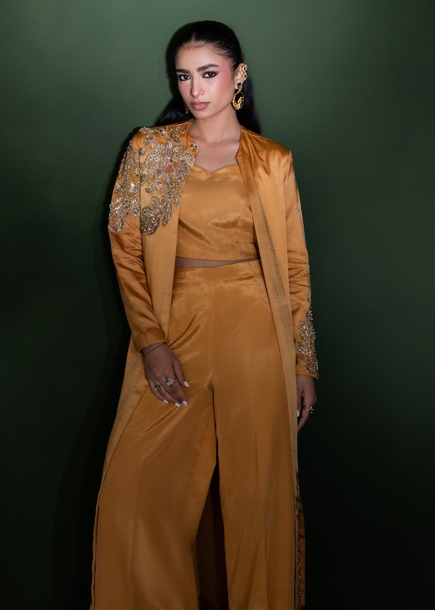 Pakistani Mustard Embellished Pure Silk Cape Dress (3-Piece) - Image 5