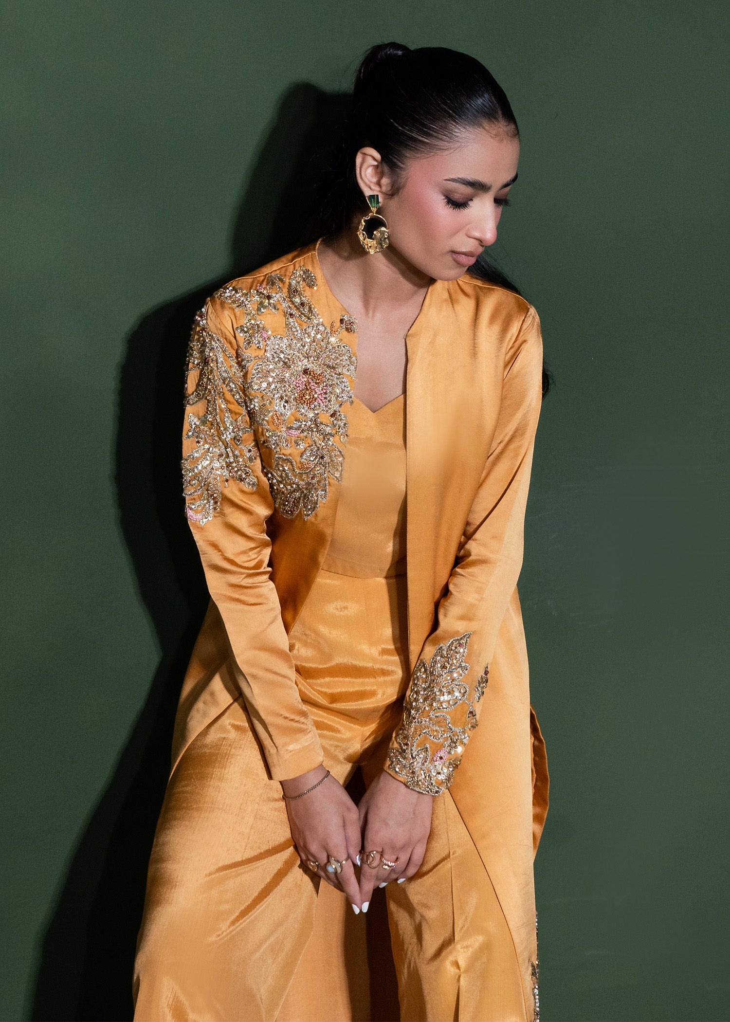 Pakistani Mustard Embellished Pure Silk Cape Dress (3-Piece) - Image 6