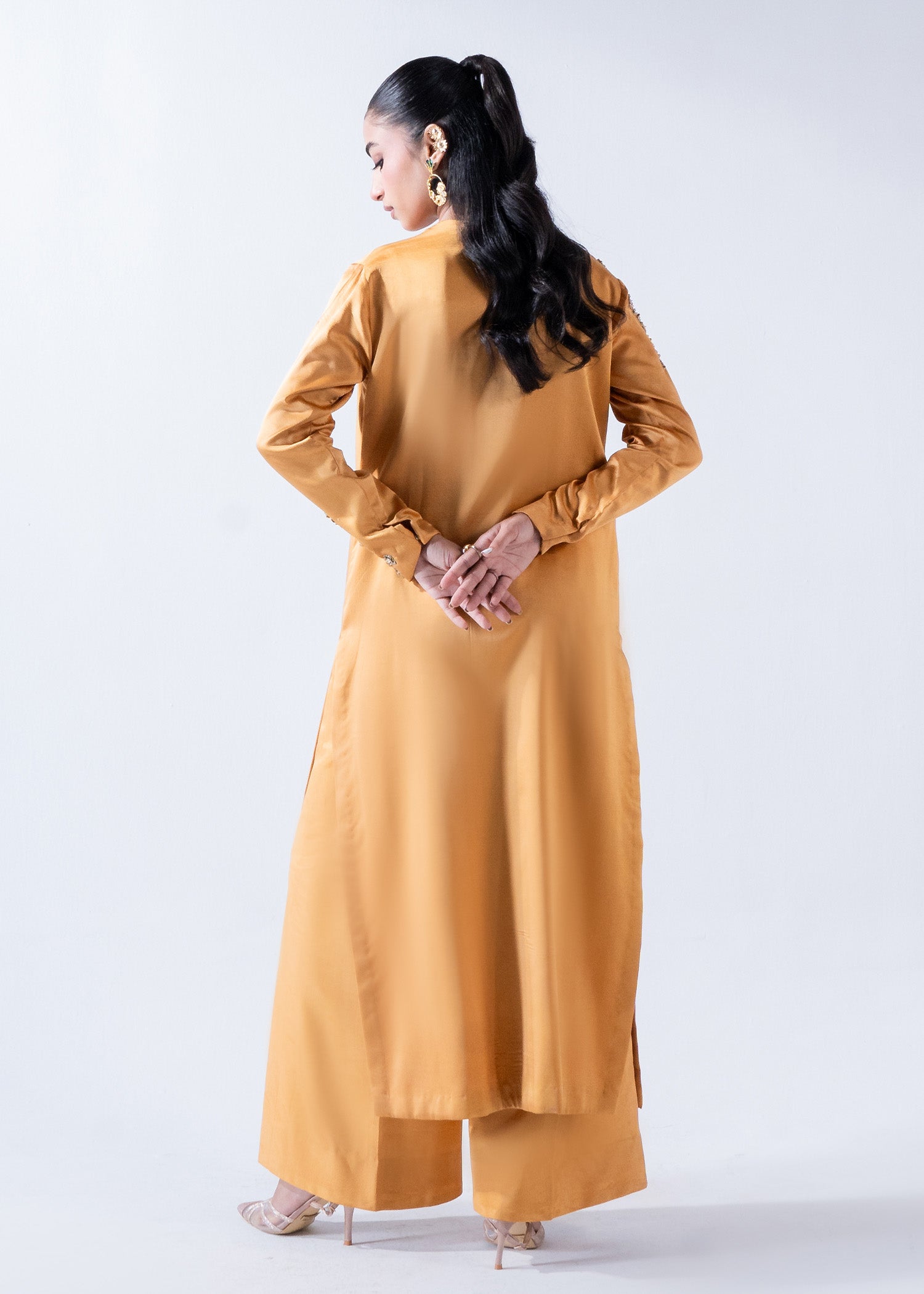 Pakistani Mustard Embellished Pure Silk Cape Dress (3-Piece) - Image 7