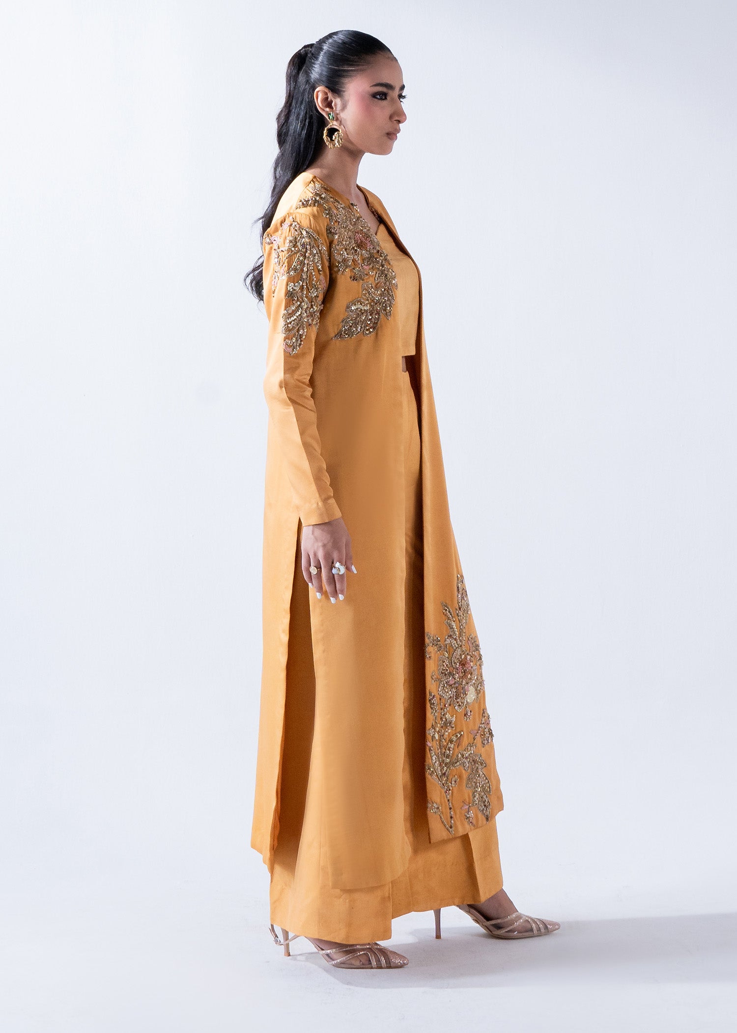 Pakistani Mustard Embellished Pure Silk Cape Dress (3-Piece) - Image 8