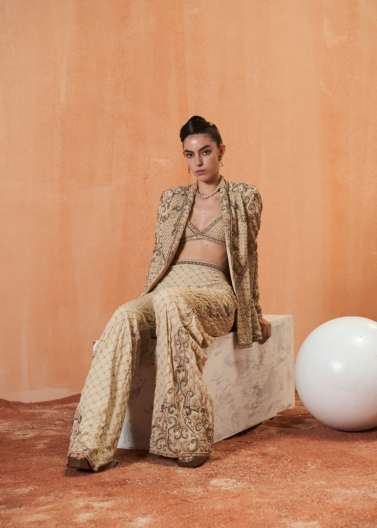 Butter Yellow Embroidered Silk-Blend Co-ord Set (3-Piece) - Image 1