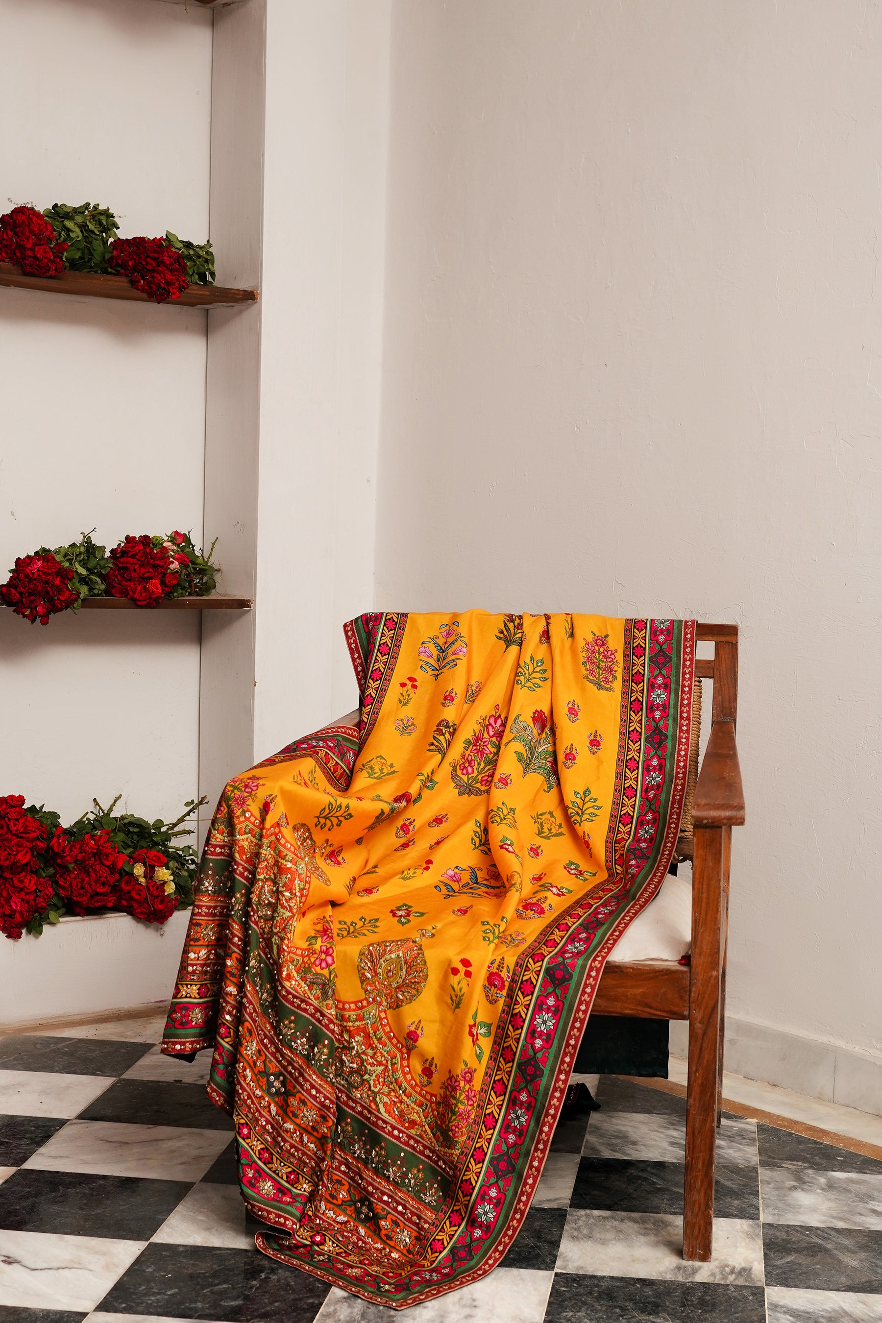 Pakistani Sunflower Yellow Hand-Embellished Silk Dupatta (1-Pc) - Image 1
