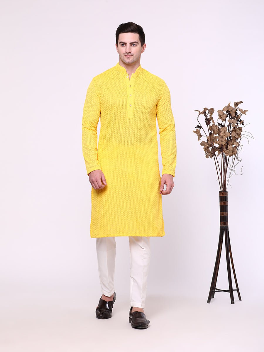 Yellow Self-Textured Chicken Cotton Kurta (2-Piece) - Image 3