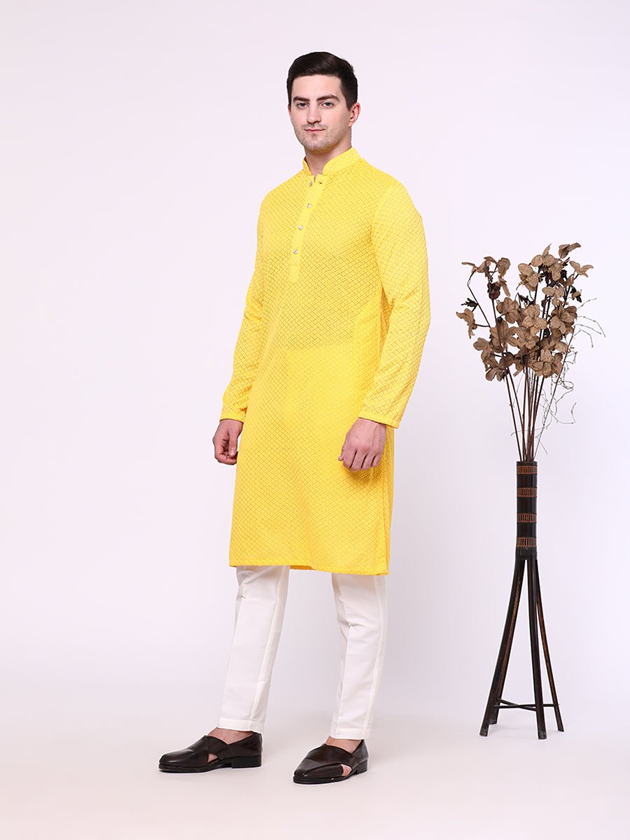 Yellow Self-Textured Chicken Cotton Kurta (2-Piece) - Image 4