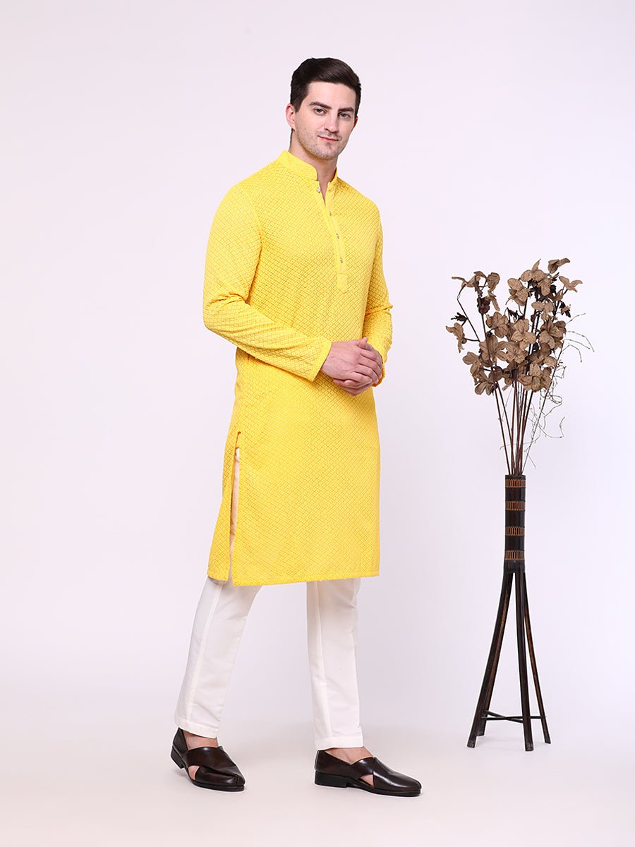 Yellow Self-Textured Chicken Cotton Kurta (2-Piece) - Image 5