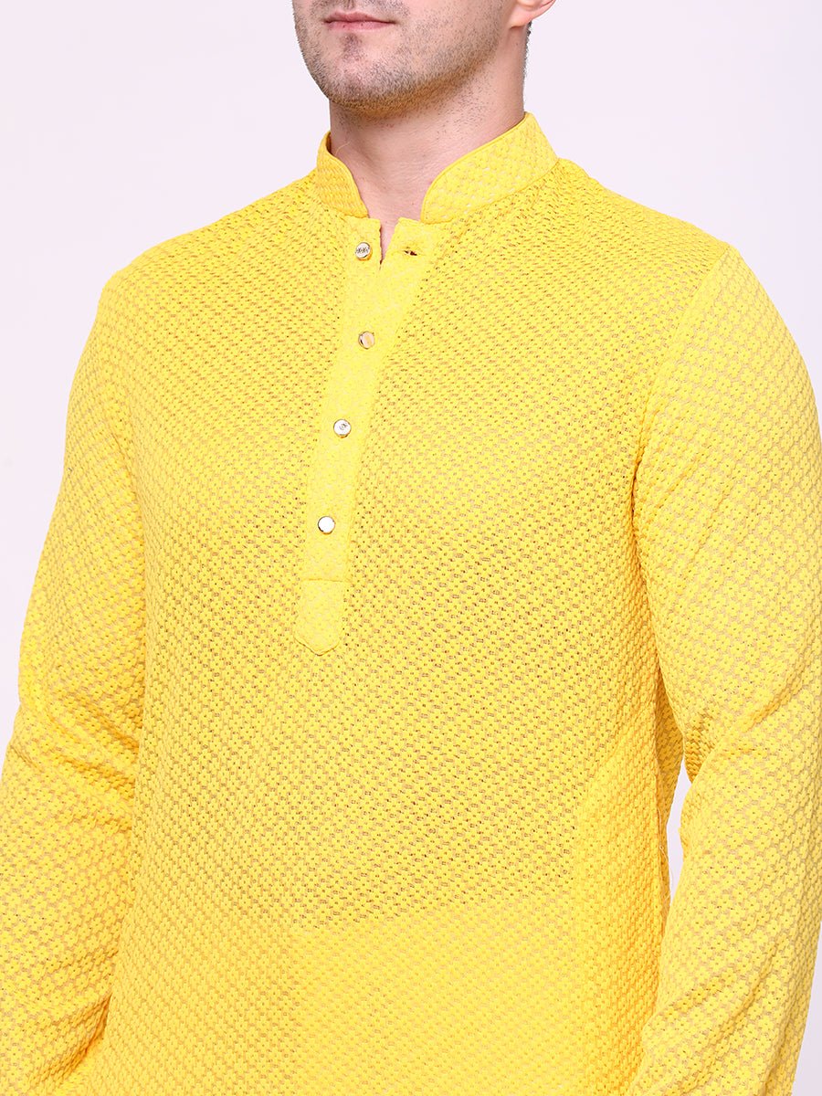 Yellow Self-Textured Chicken Cotton Kurta (2-Piece) - Image 6