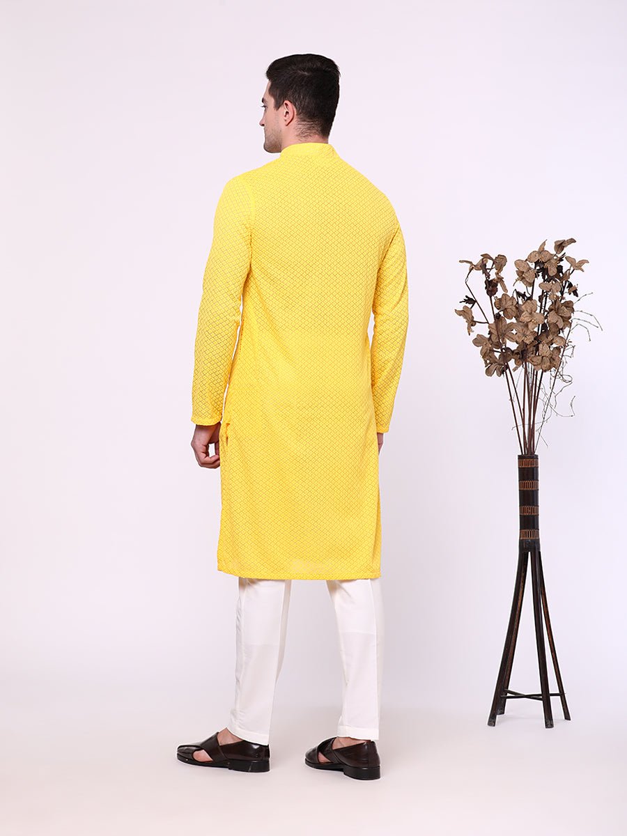 Yellow Self-Textured Chicken Cotton Kurta (2-Piece) - Image 7