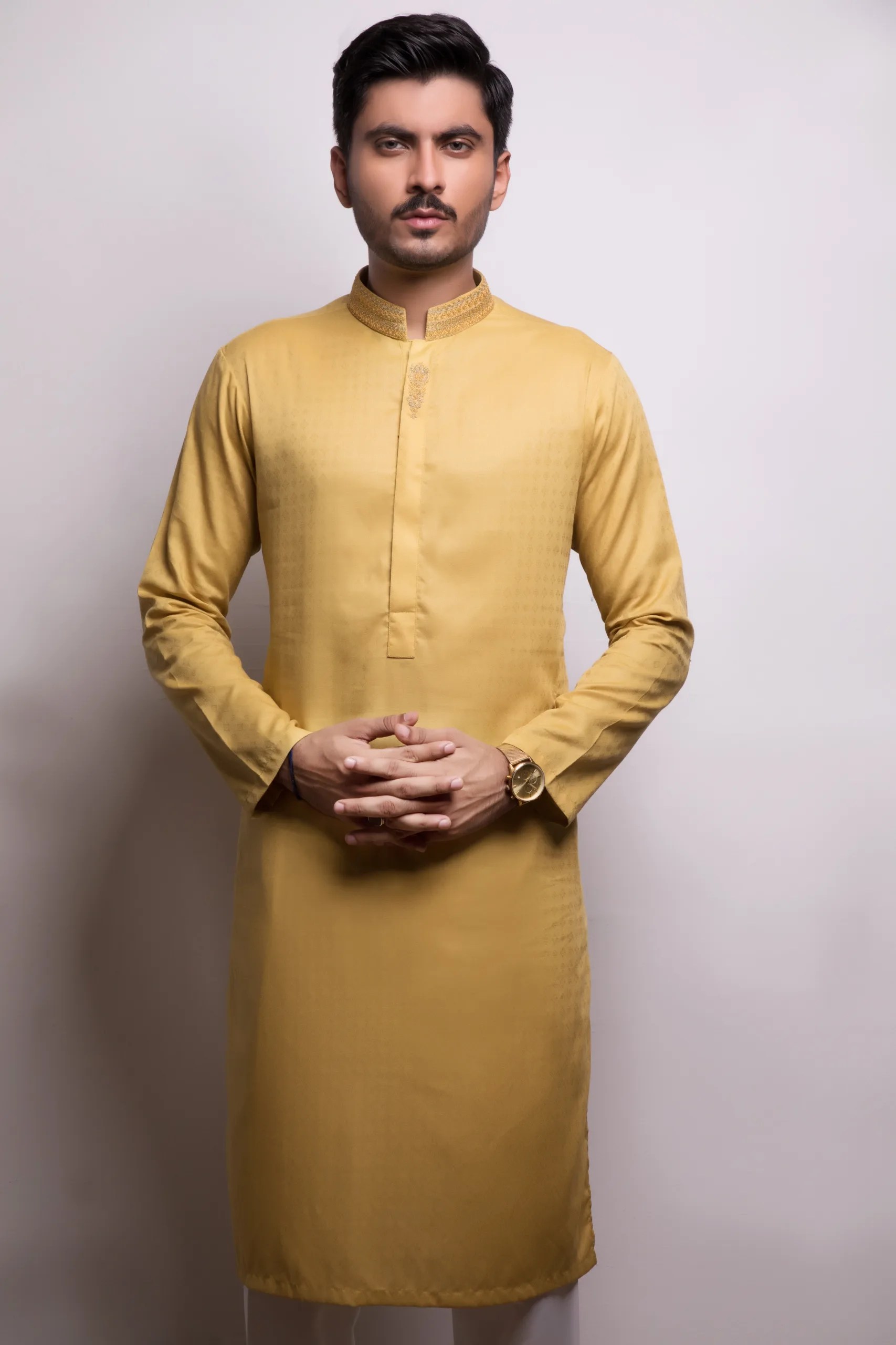 Mustard Yellow Embroidered Jacquard Kurta (2-Piece) - Image 1