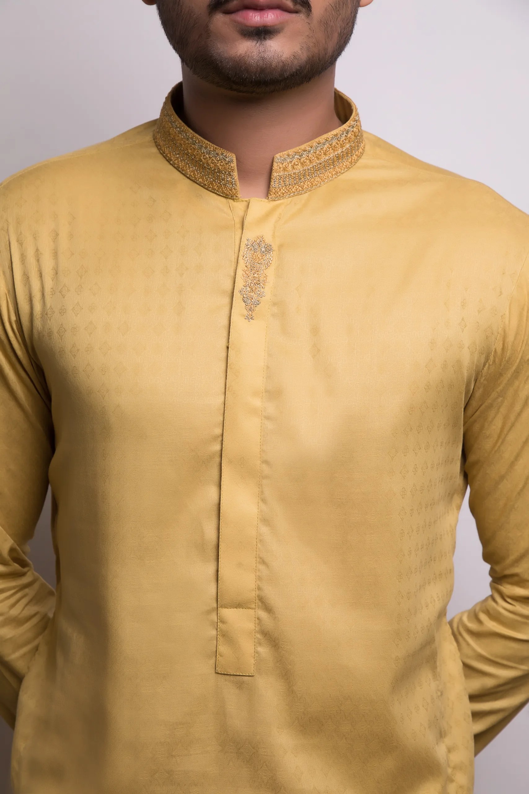Mustard Yellow Embroidered Jacquard Kurta (2-Piece) - Image 2