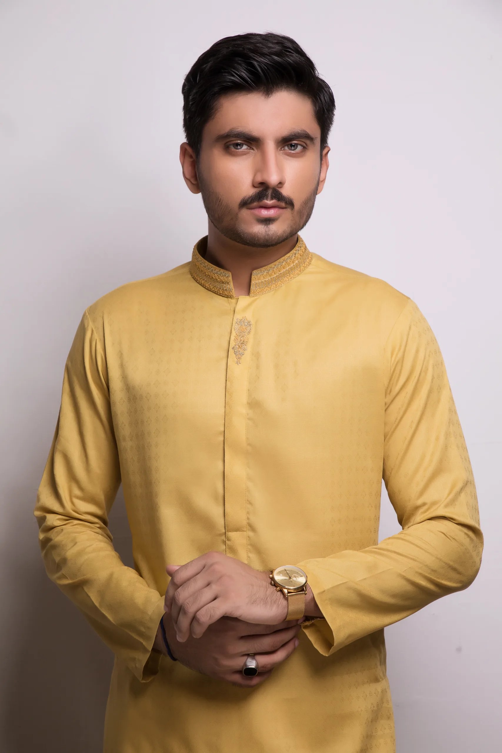 Mustard Yellow Embroidered Jacquard Kurta (2-Piece) - Image 3