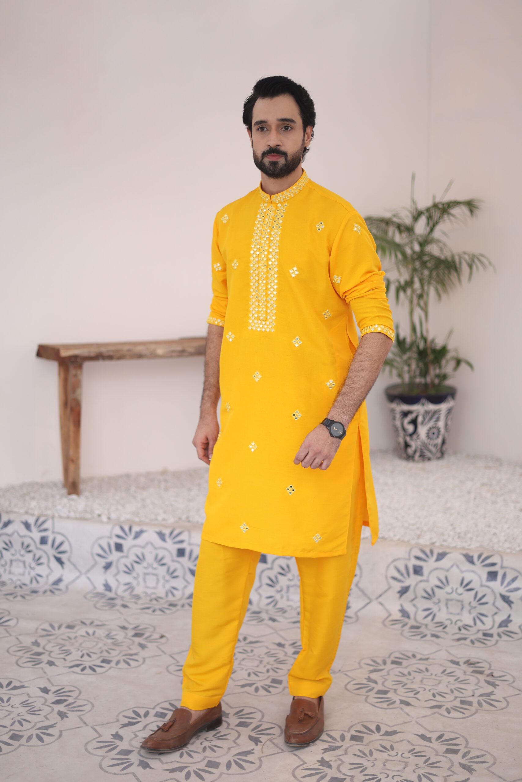 Yellow Mirror Embroidered Raw Silk Kurta (2-Piece) - Image 1