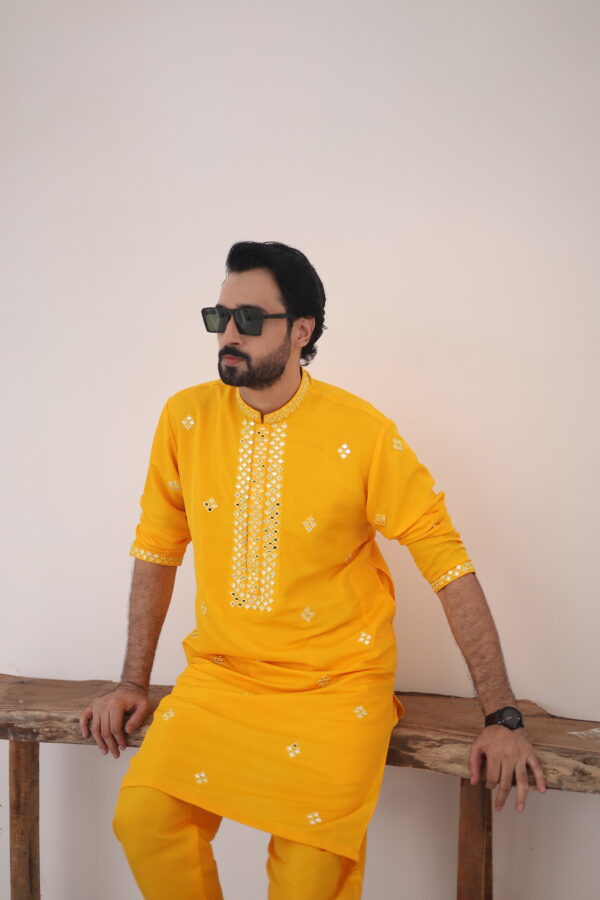 Yellow Mirror Embroidered Raw Silk Kurta (2-Piece) - Image 3