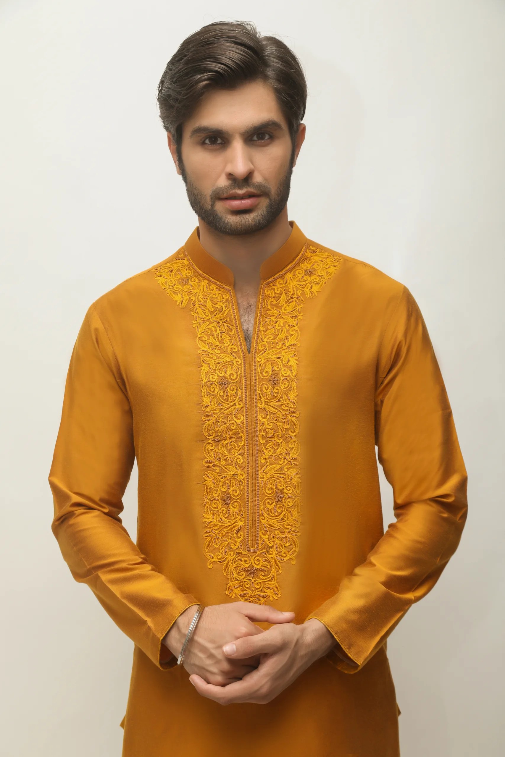 Mustard Embroidered Silk Kurta (1-Pc) - Image 1