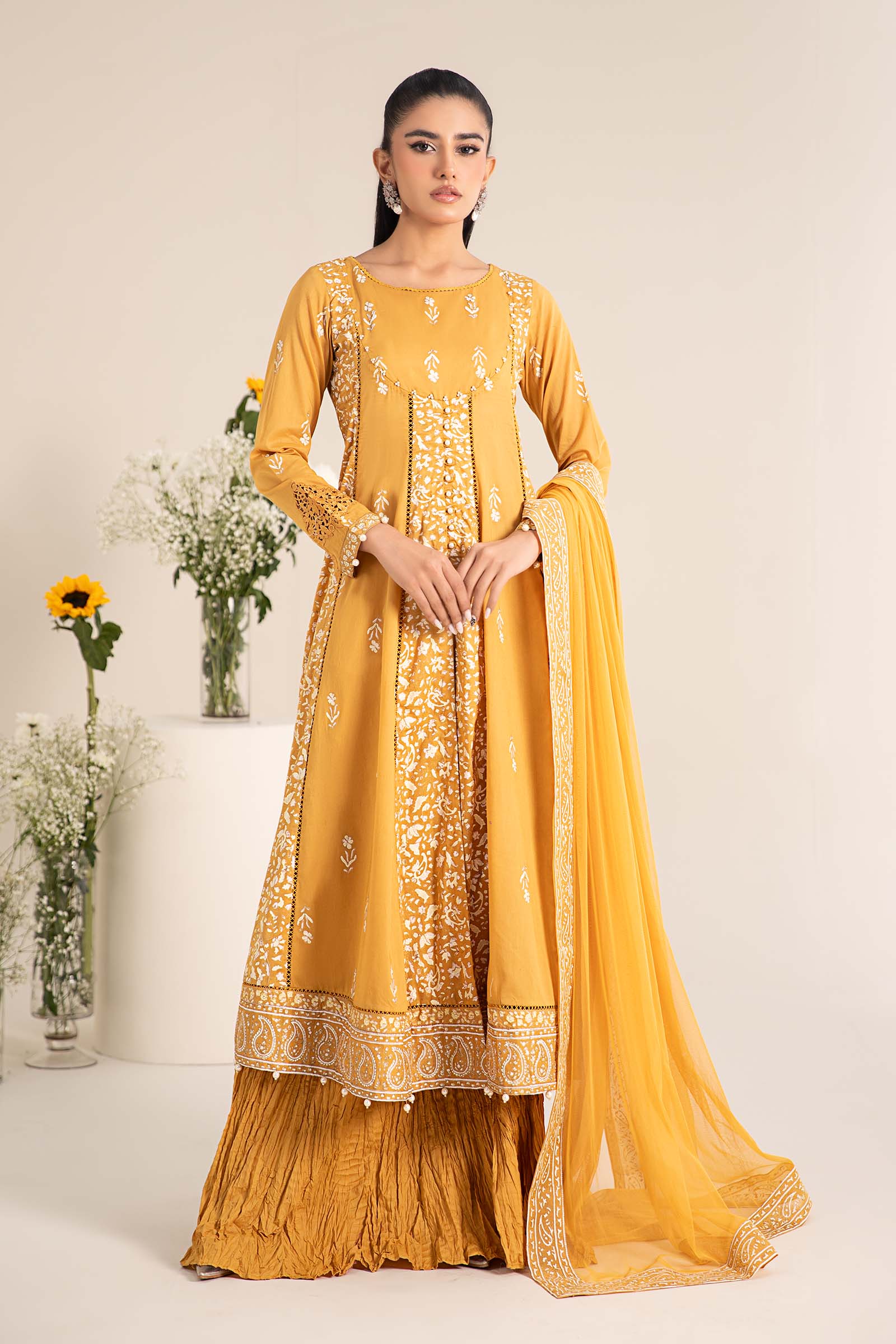 Mustard Yellow Block-Printed Lawn Frock (3-Piece) - Image 1